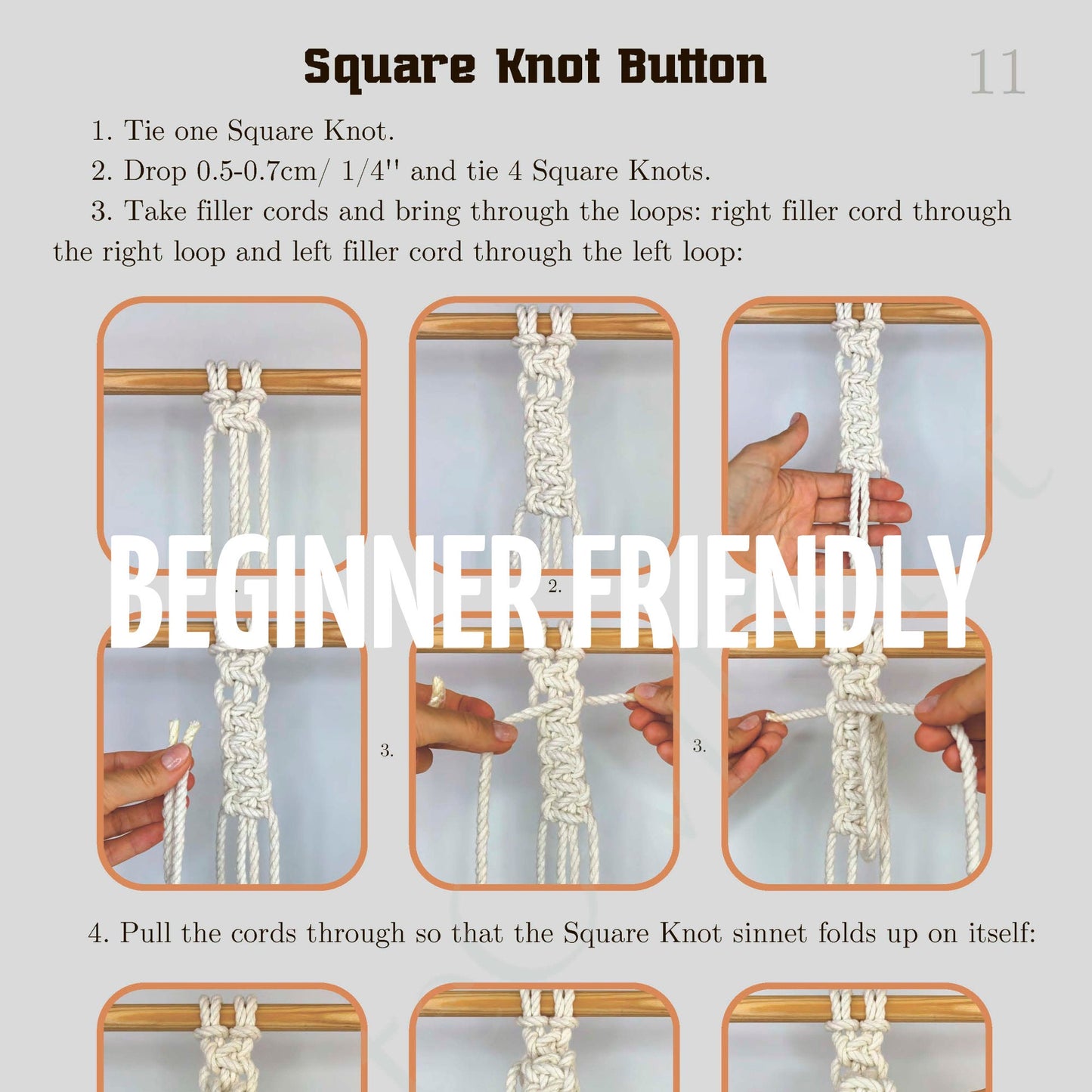 Instructions for tying a square knot button with step-by-step diagrams and text.