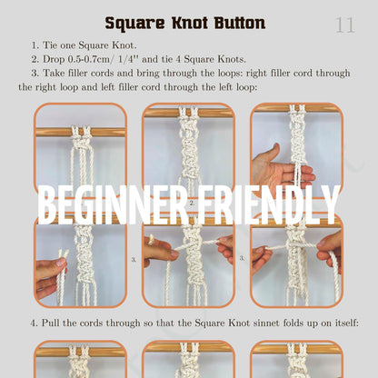 Instructions for tying a square knot button with step-by-step diagrams and text.