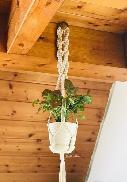 Macrame plant hanger with a plant against a wooden wall.