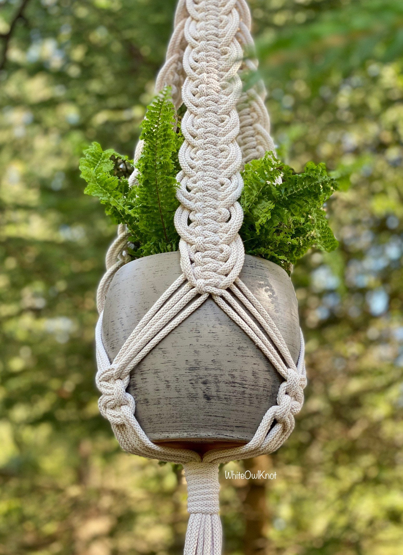 Macrame plant hanger with a stone pot and green plants against a blurred natural background