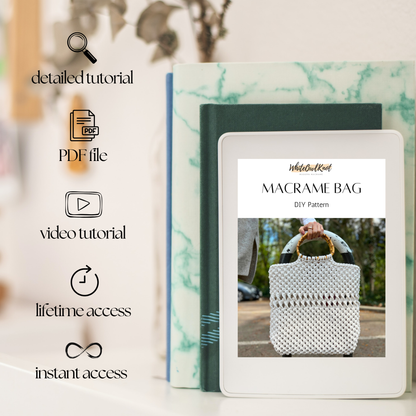 Macrame bag DIY pattern book with digital download options on a blurred background