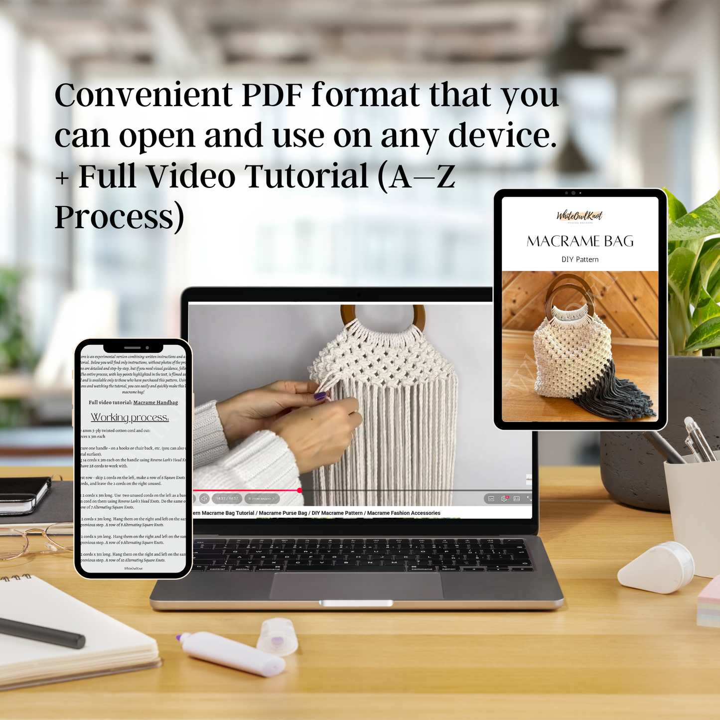 Laptop displaying a video tutorial on a desk with text about PDF format convenience.
