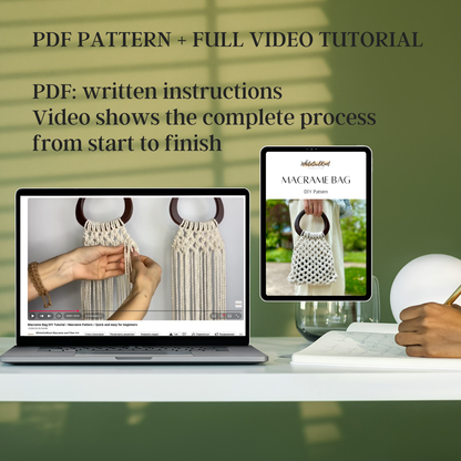 Laptop displaying a macrame bag tutorial with a tablet showing written instructions on a desk.