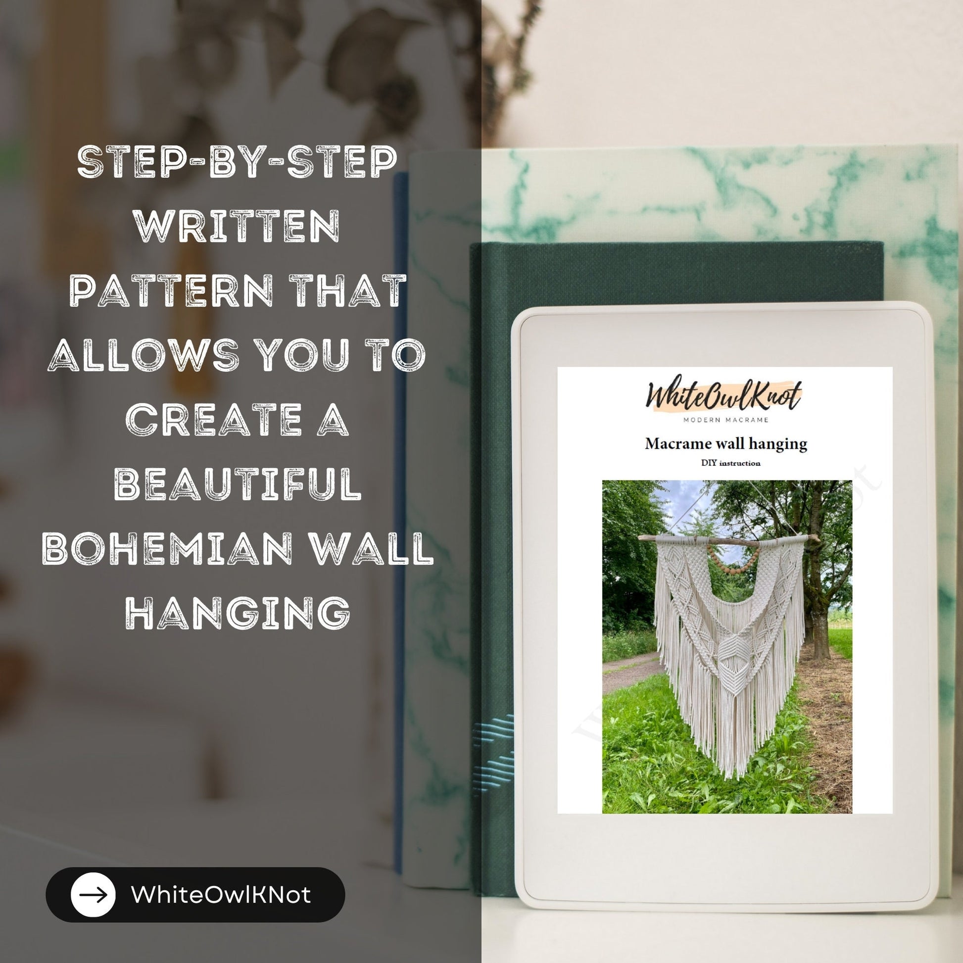WhiteOwlKnot macrame wall hanging pattern book on a blurred background