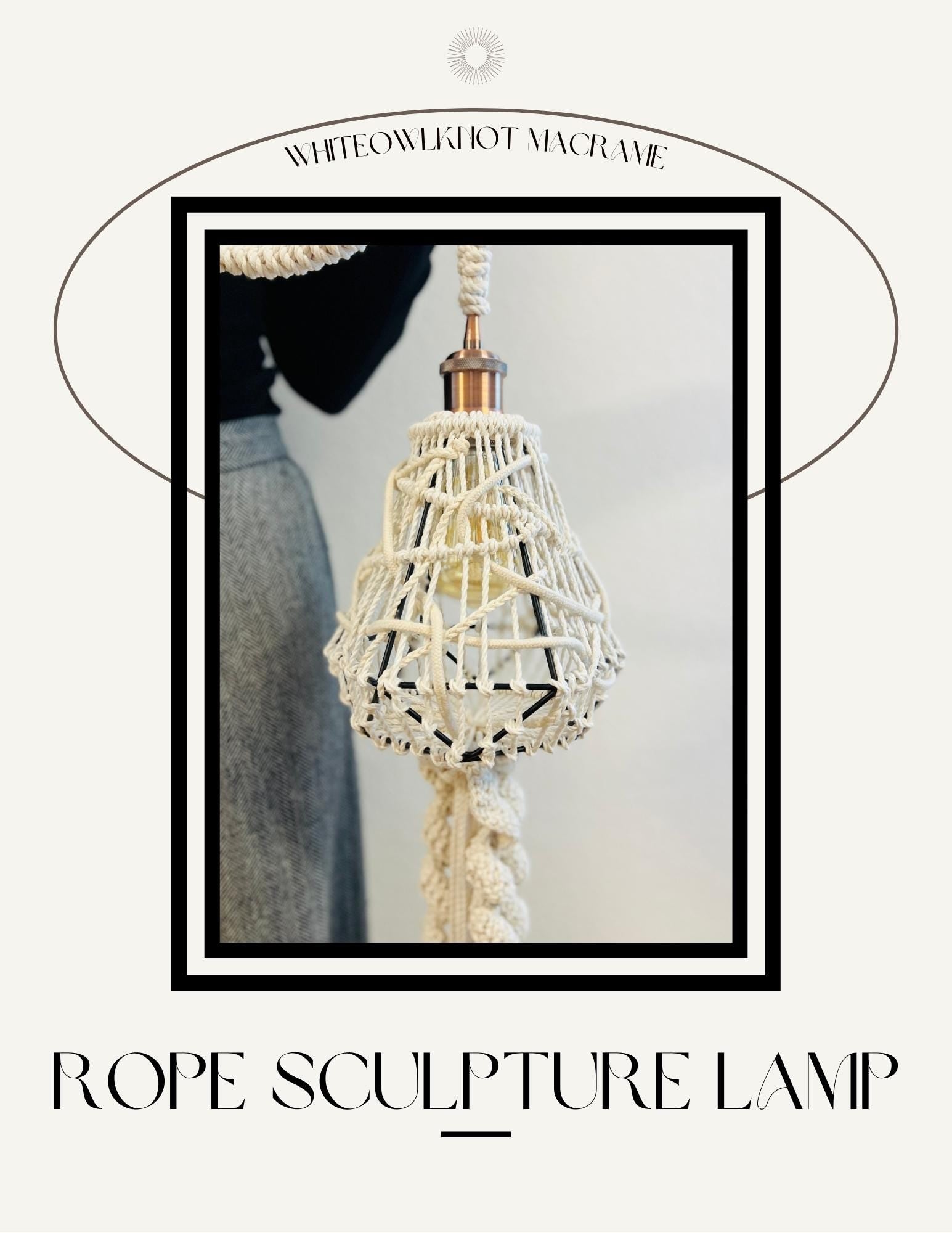 Rope sculpture lamp with macramé design on a white background