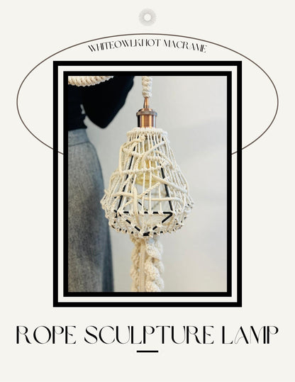 Rope sculpture lamp with macramé design on a white background