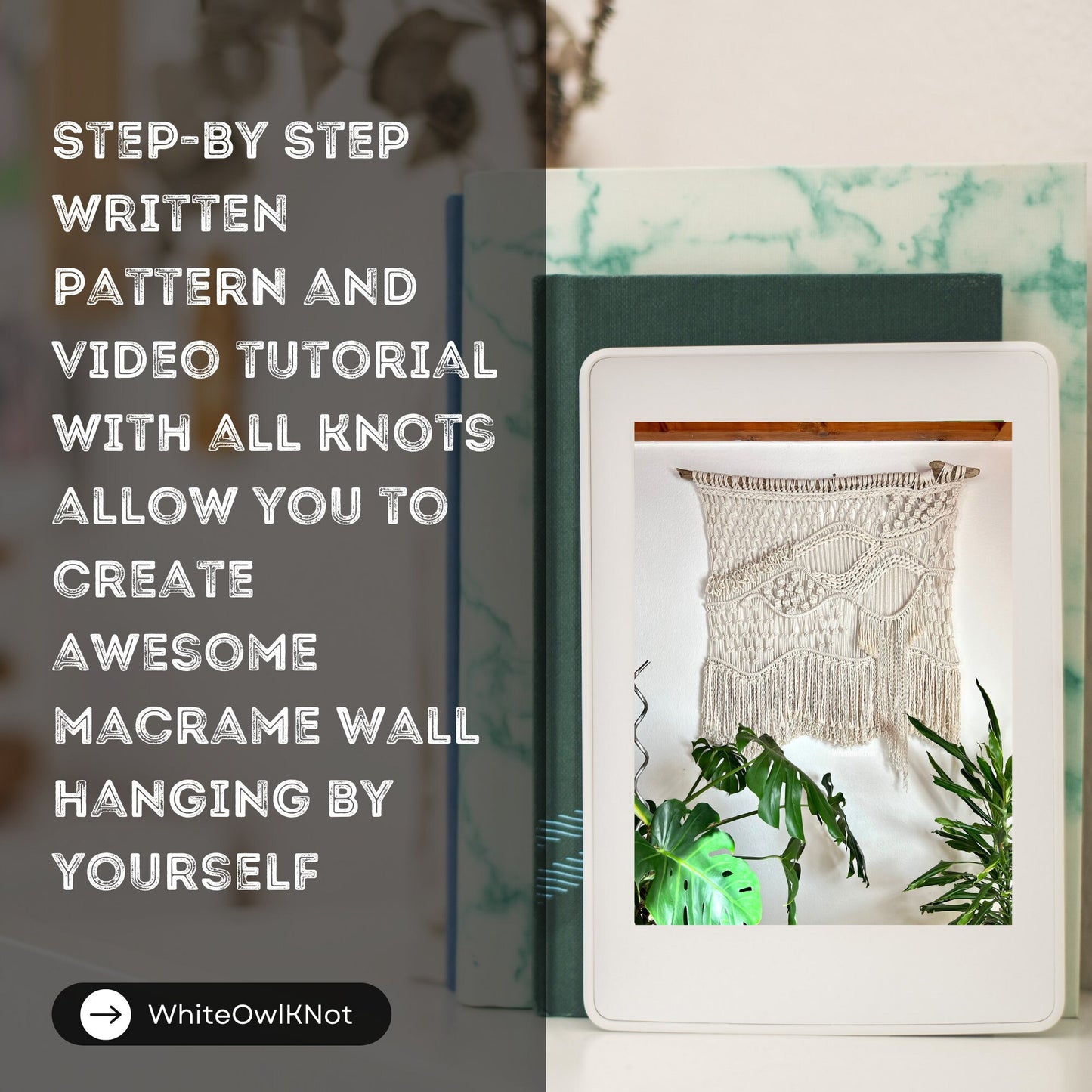 Promotional graphic for a macrame wall hanging tutorial with text overlay.