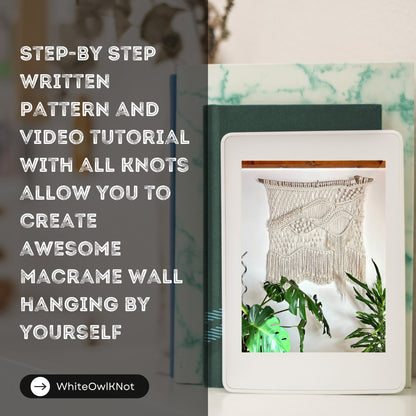 Promotional graphic for a macrame wall hanging tutorial with text overlay.