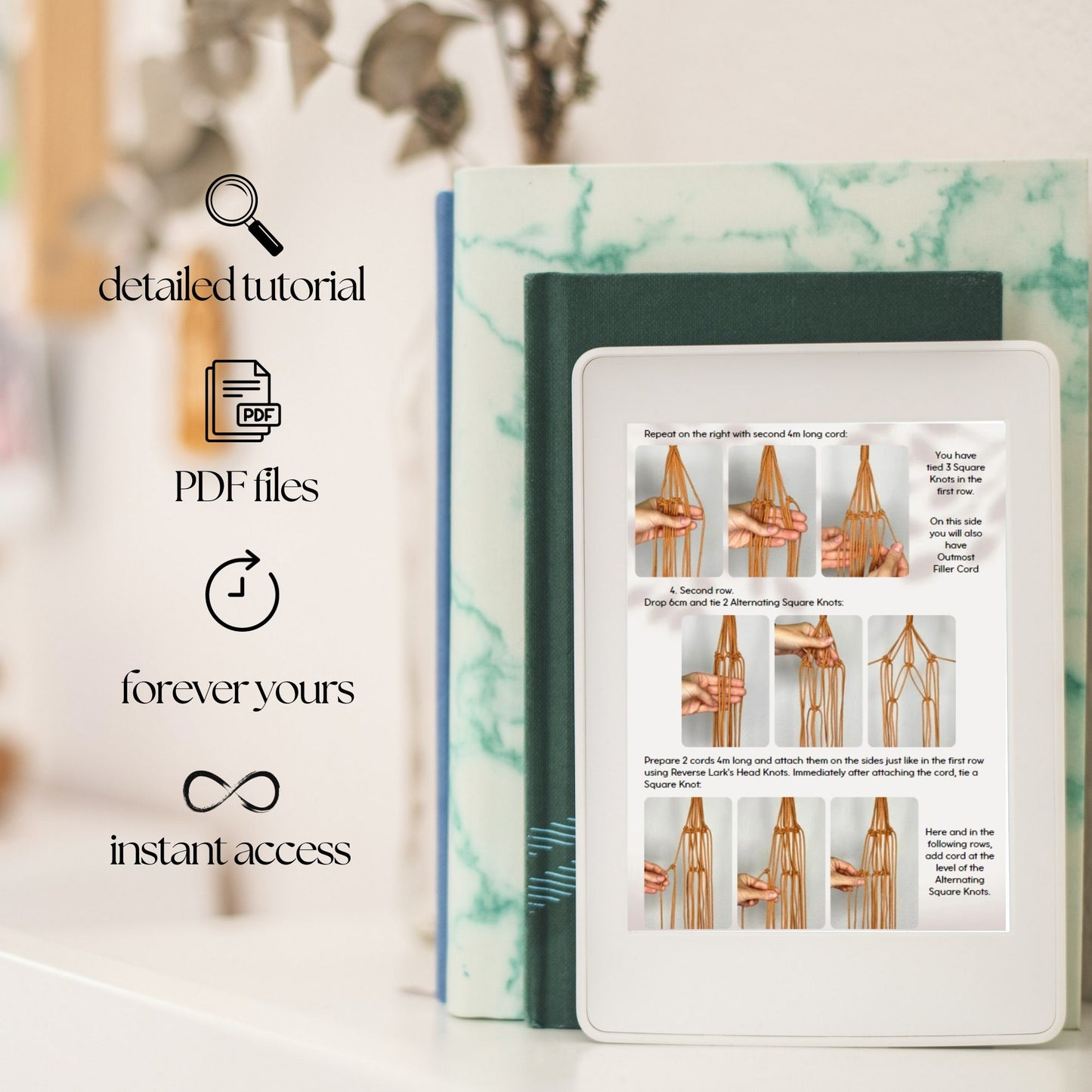 E-reader device with digital tutorial on a marble surface