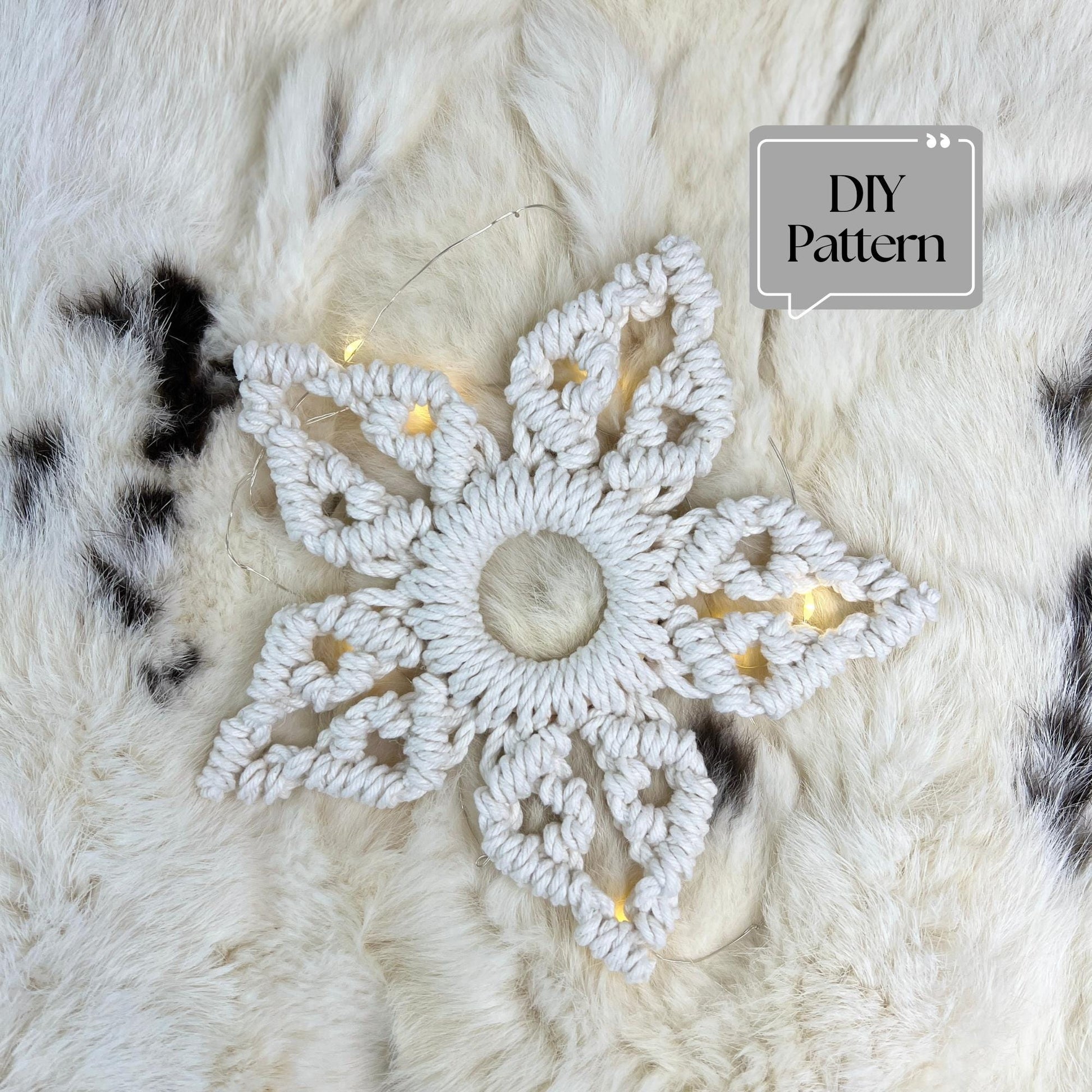 Macrame snowflake ornament on a textured white background with 'DIY Pattern' text.