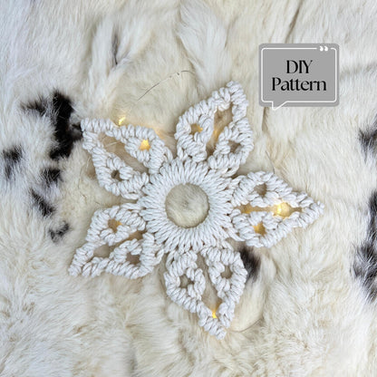 Macrame snowflake ornament on a textured white background with 'DIY Pattern' text.