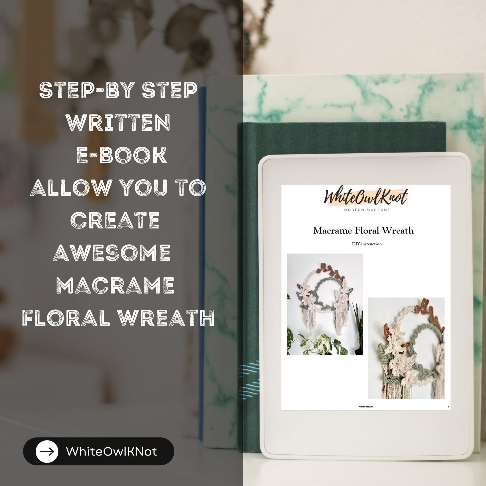 E-book cover for creating a macrame floral wreath with text overlay