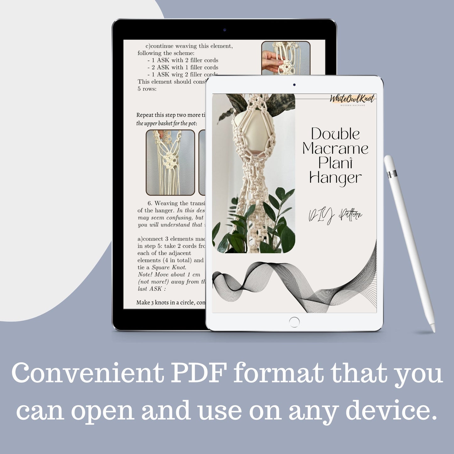 Digital device displaying a PDF pattern for a double macrame plant hanger with text overlay.