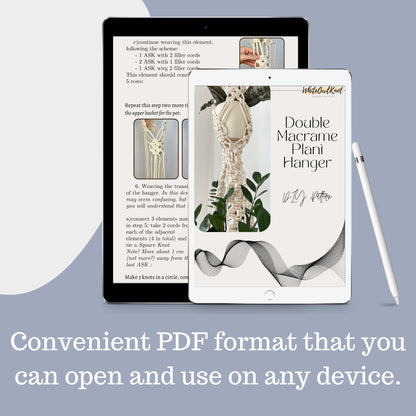 Digital device displaying a PDF pattern for a double macrame plant hanger with text overlay.