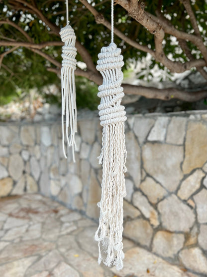 Two macrame wall hangings hanging from a tree branch outdoors.
