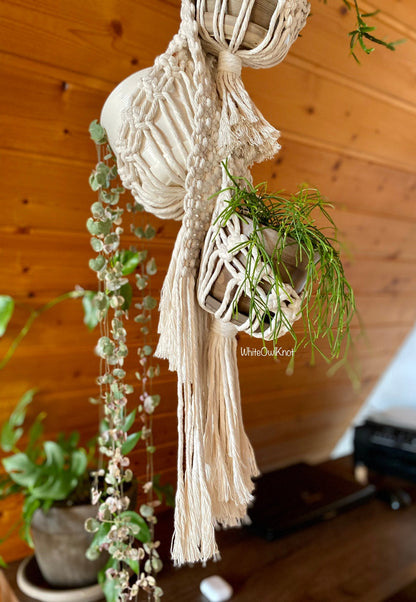 Macrame plant hanger with a plant against a wooden wall.