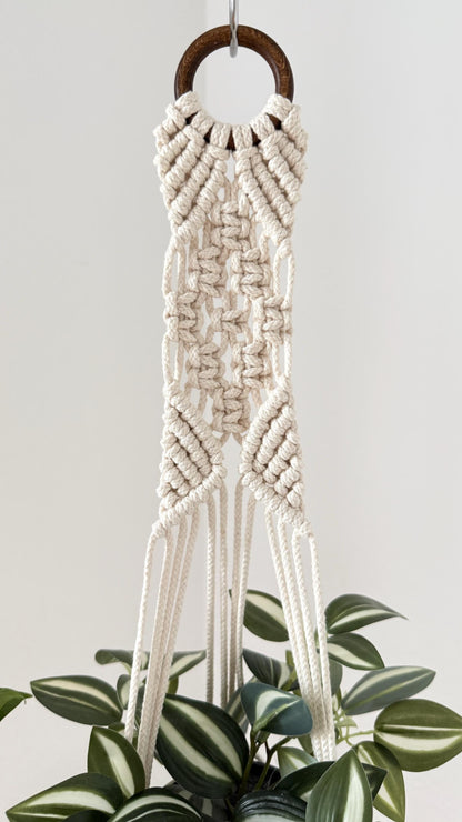 Macrame plant hanger with wooden ring and white strings against a neutral background