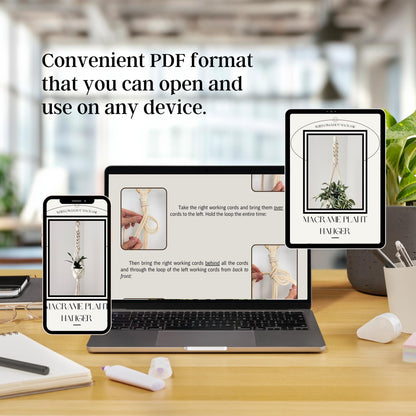 Laptop displaying a PDF on a desk with text 'Convenient PDF format that you can open and use on any device.'