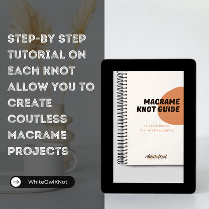 Macrame knot guide book on a tablet with promotional text about a step-by-step tutorial.