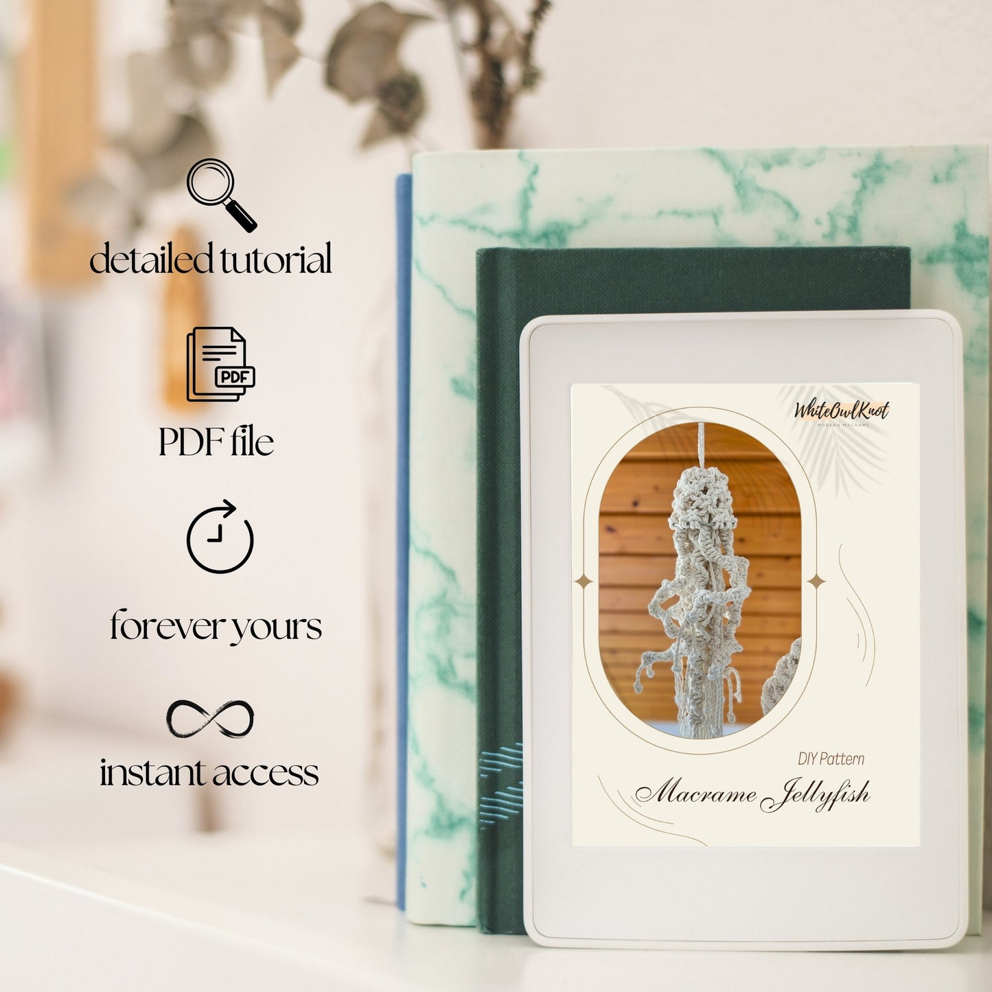 Product packaging with a digital pattern book and text overlay on a blurred background