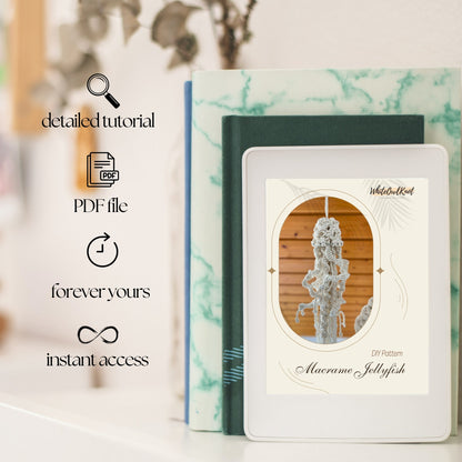 Product packaging with a digital pattern book and text overlay on a blurred background