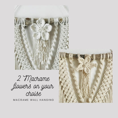 Macrame wall hanging with two flowers on a white background