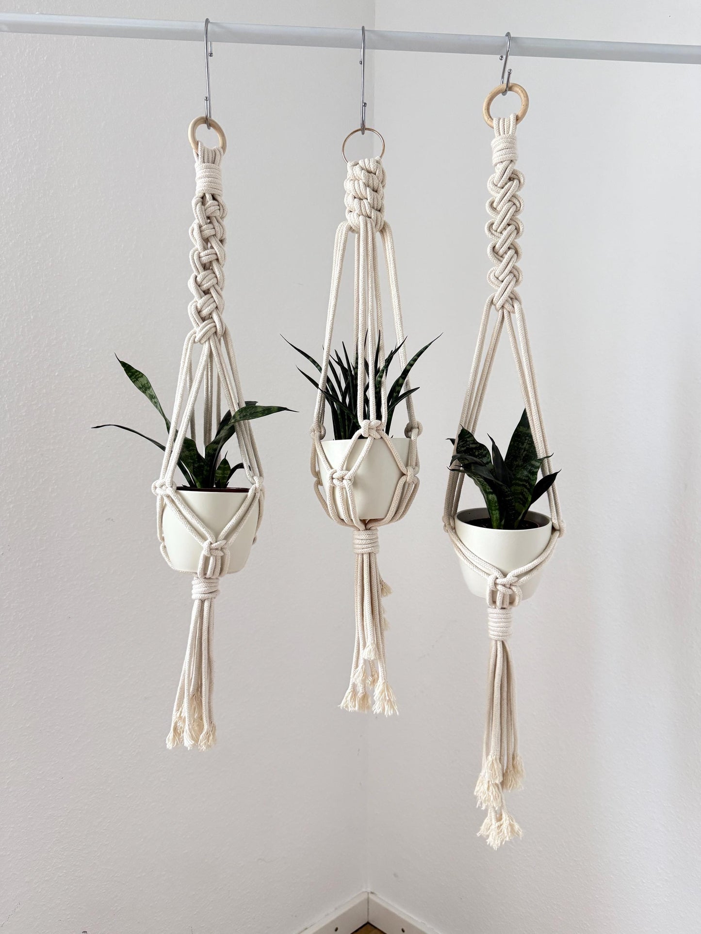 Three macrame plant hangers with plants against a white wall