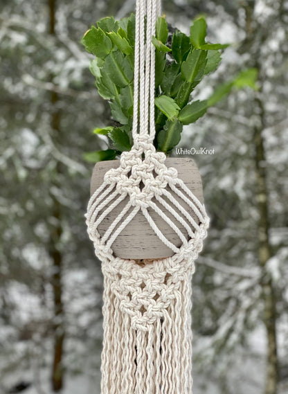 Macrame plant hanger with a plant against a blurred natural background