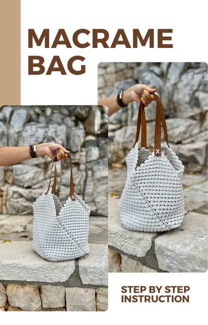 Macrame bag held by a person with stone wall background