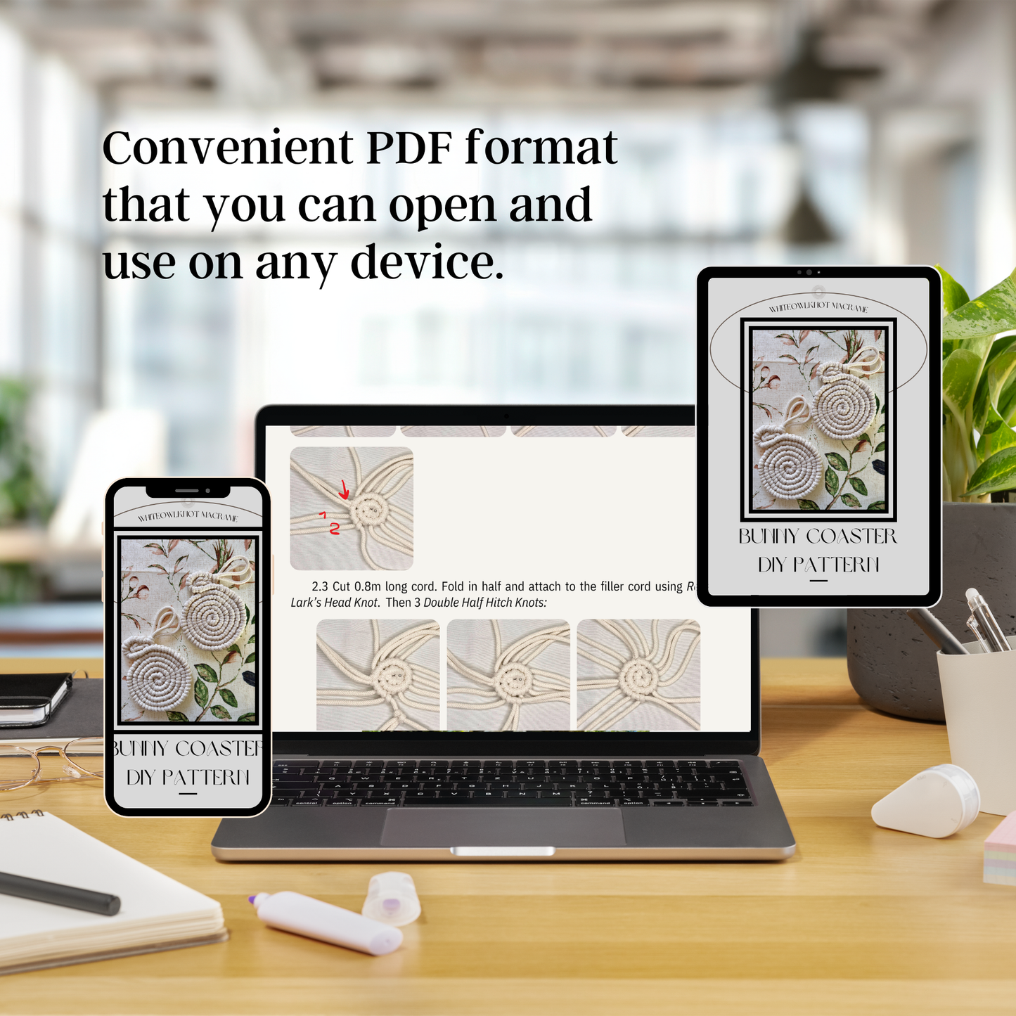 Laptop, smartphone, and tablet displaying DIY pattern PDFs on a desk.