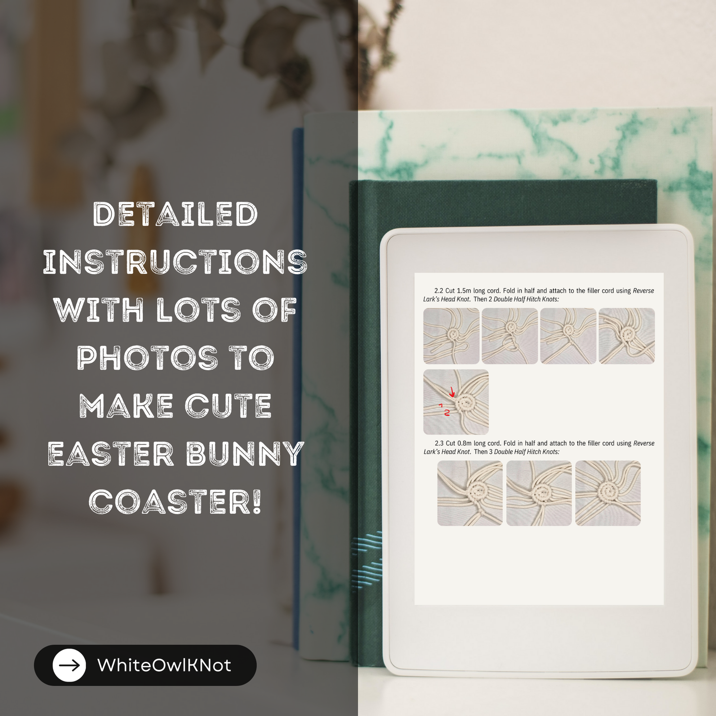 Easter bunny coaster craft with digital instructions on a tablet screen, blurred floral background