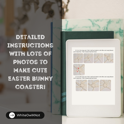 Easter bunny coaster craft with digital instructions on a tablet screen, blurred floral background