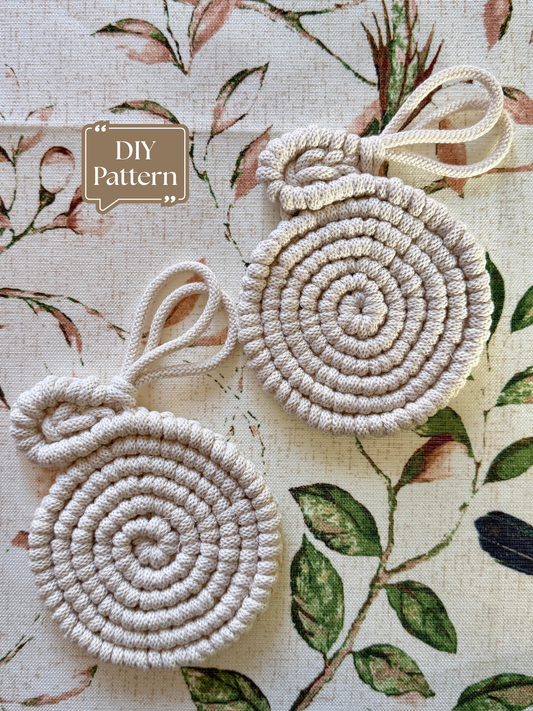 DIY macrame Easter bunny coaster pattern, round spiral macrame coasters with bunny ears on floral fabric background
