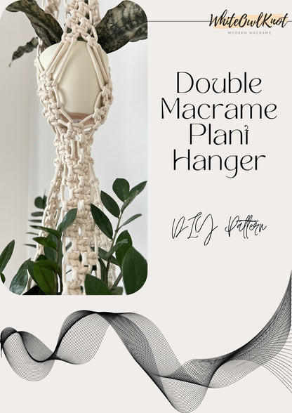 Double Macrame Plant Hanger with text overlay on a white background