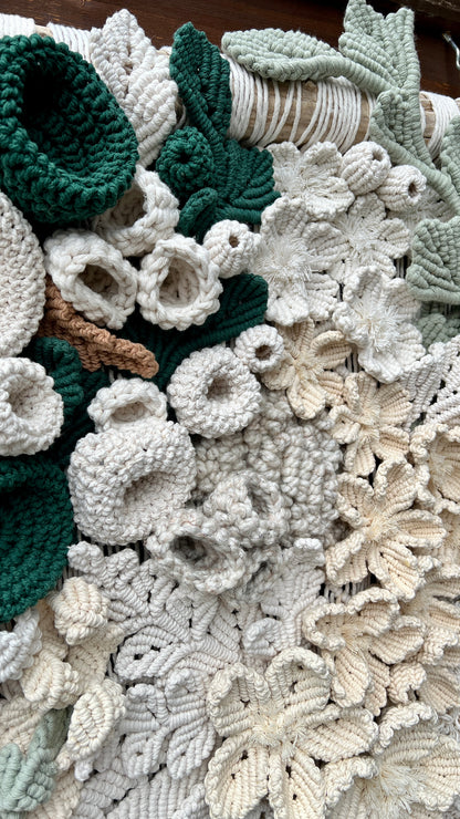 Close-up of textured fabric with floral patterns in green, white, and beige.