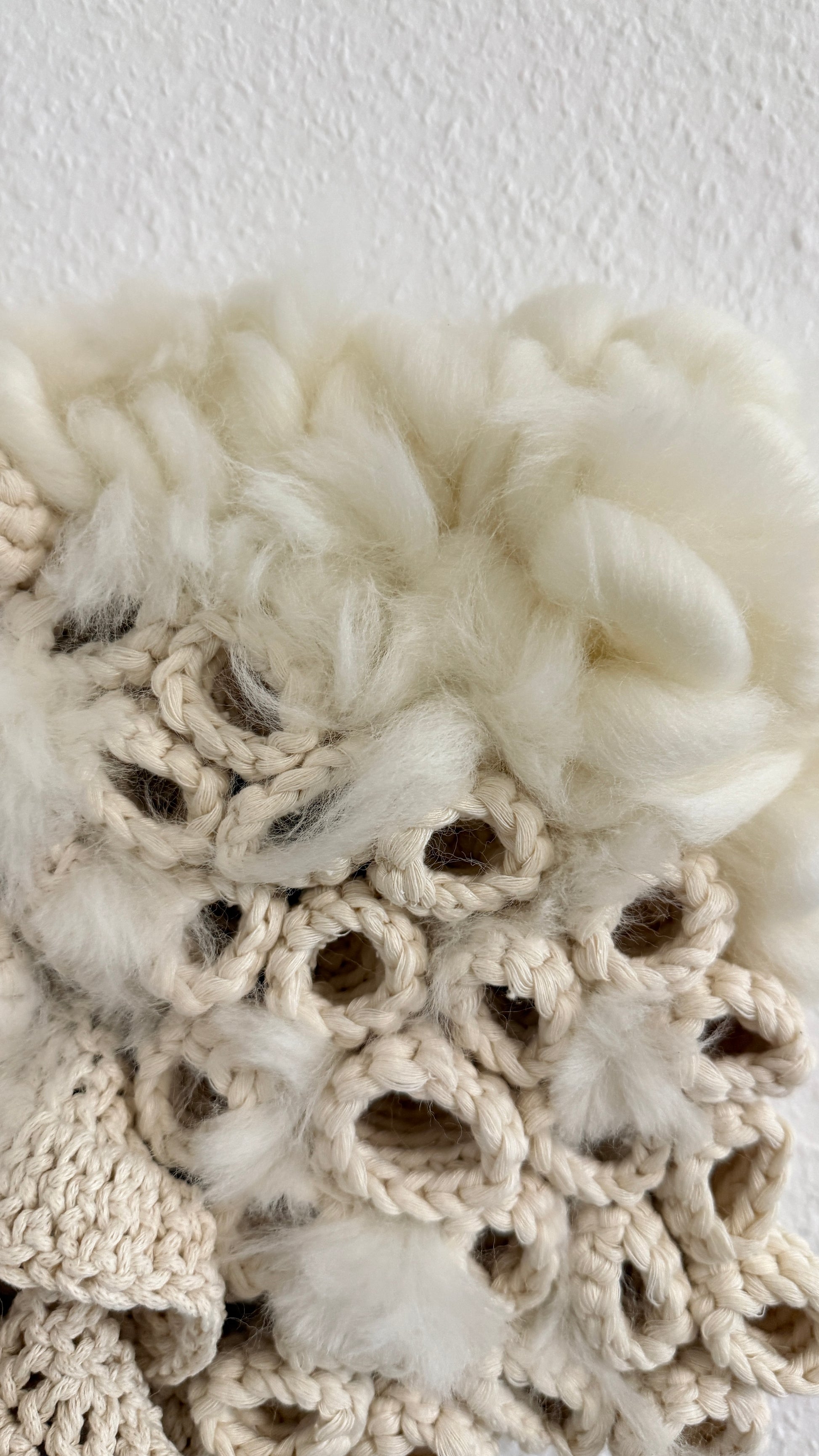 Close-up of textured white fabric with crochet patterns