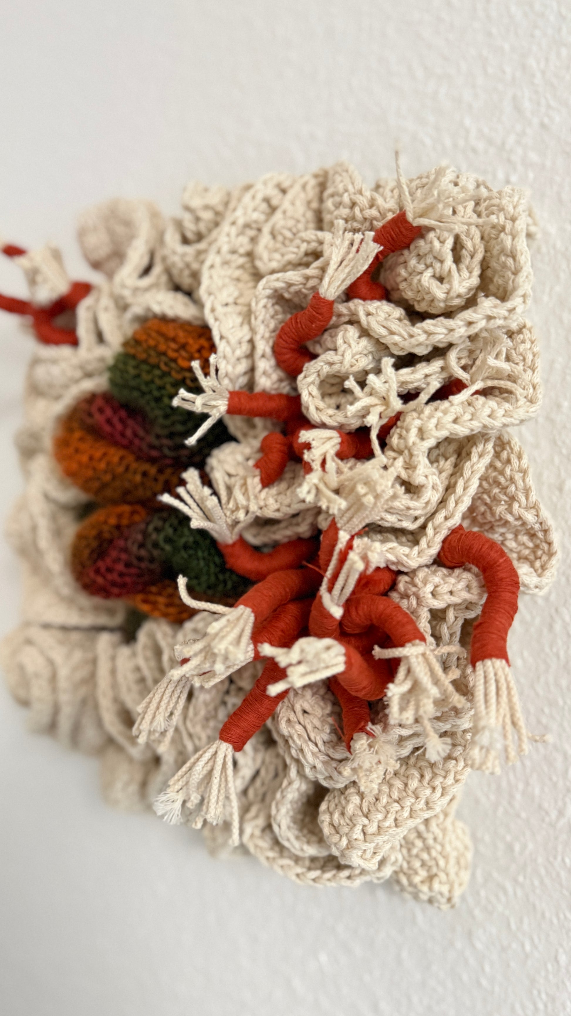 Crochet wall hanging with red, green, and brown elements on a light gray background