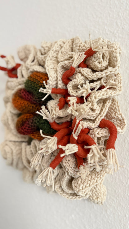 Crochet wall hanging with red, green, and brown elements on a light gray background