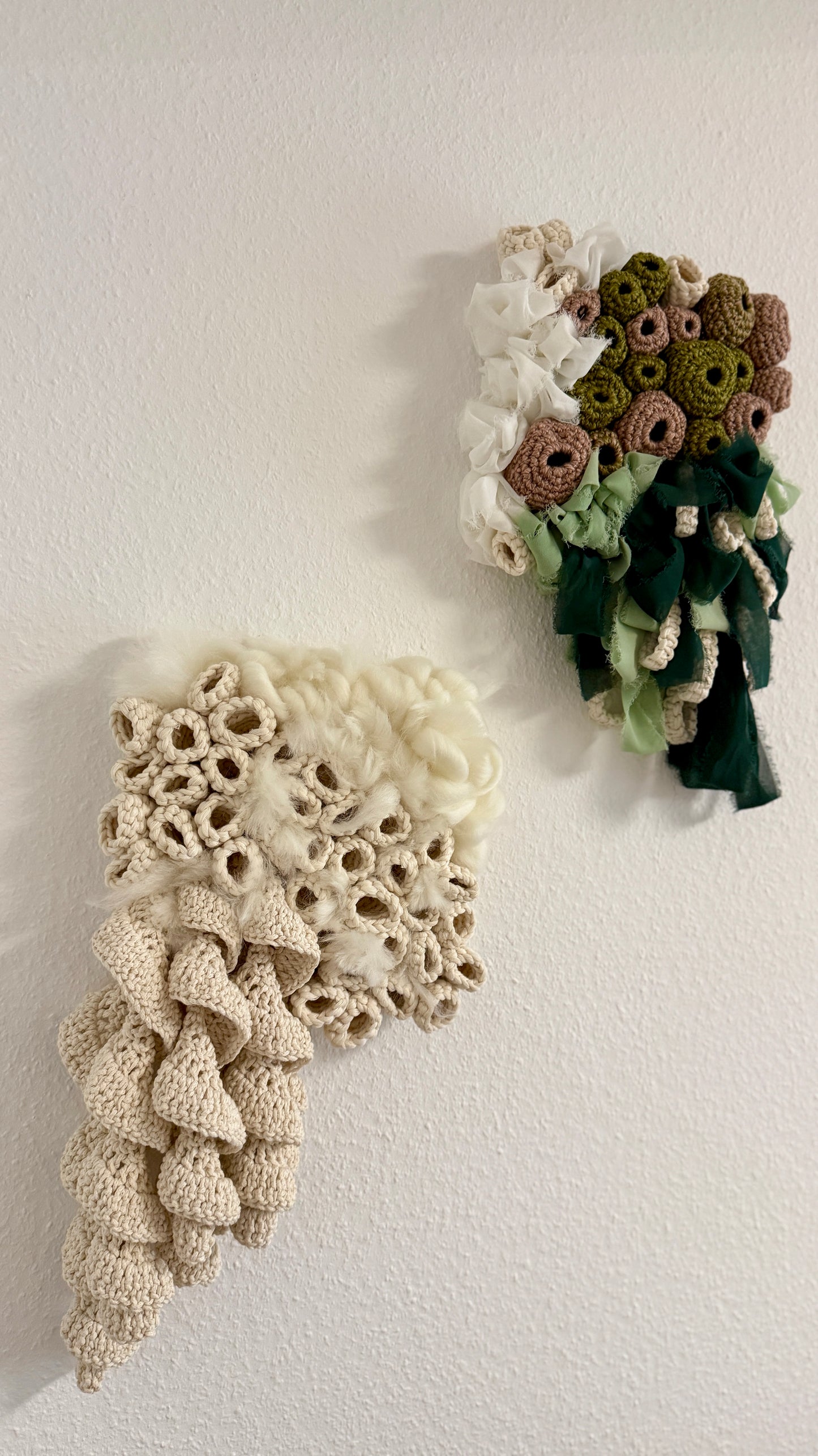 Two crocheted wall art pieces on a plain white background