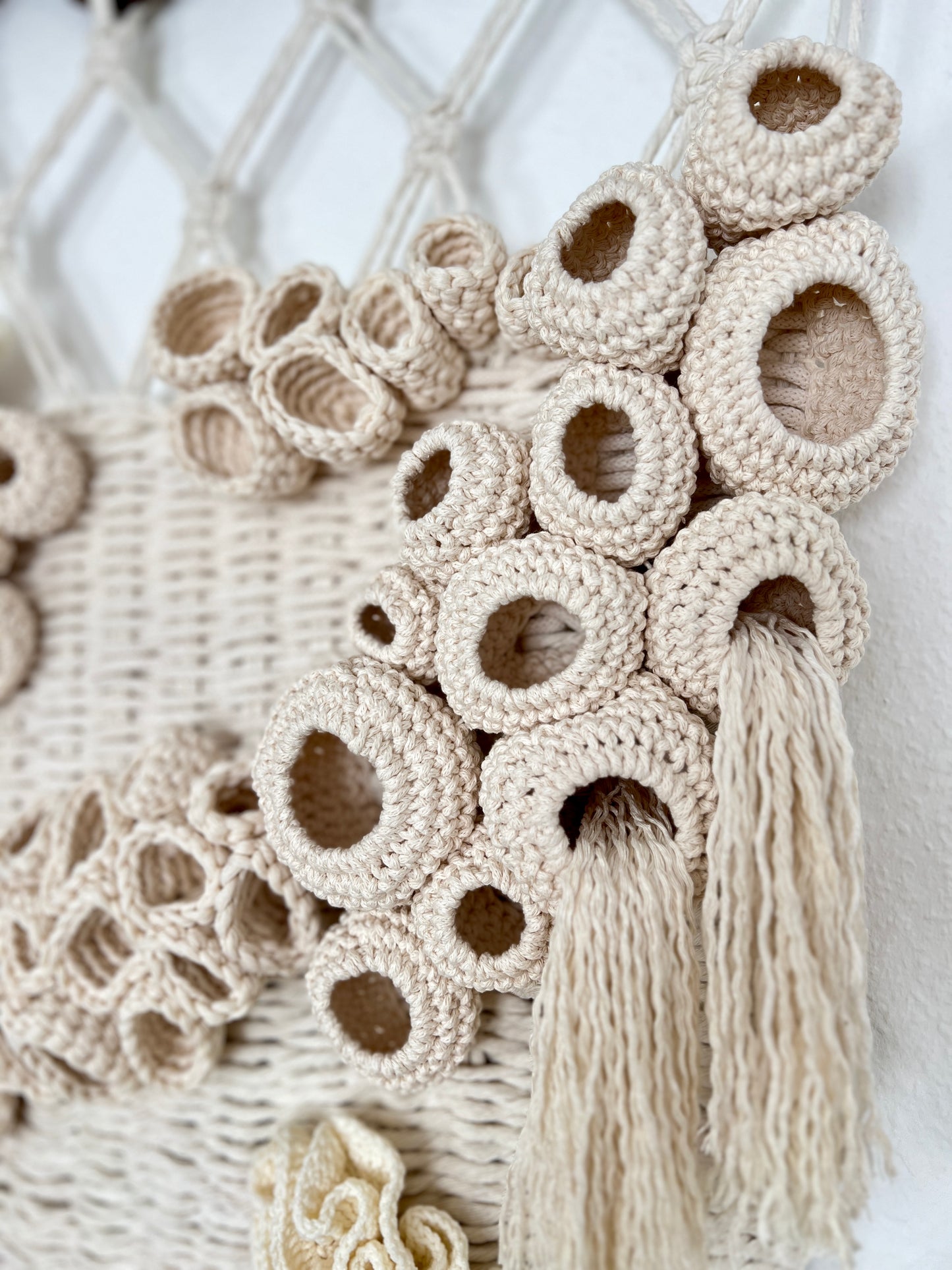Close-up of a macrame wall hanging with circular patterns and tassels.