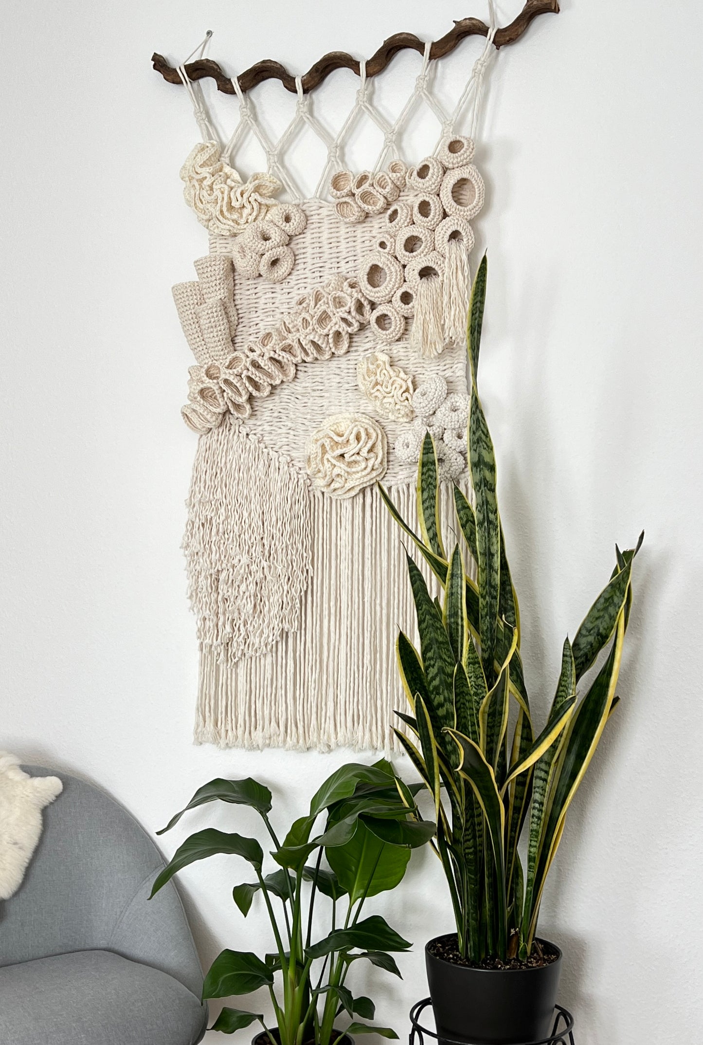Macrame wall hanging with coral reef details on a white wall, accompanied by potted plants.