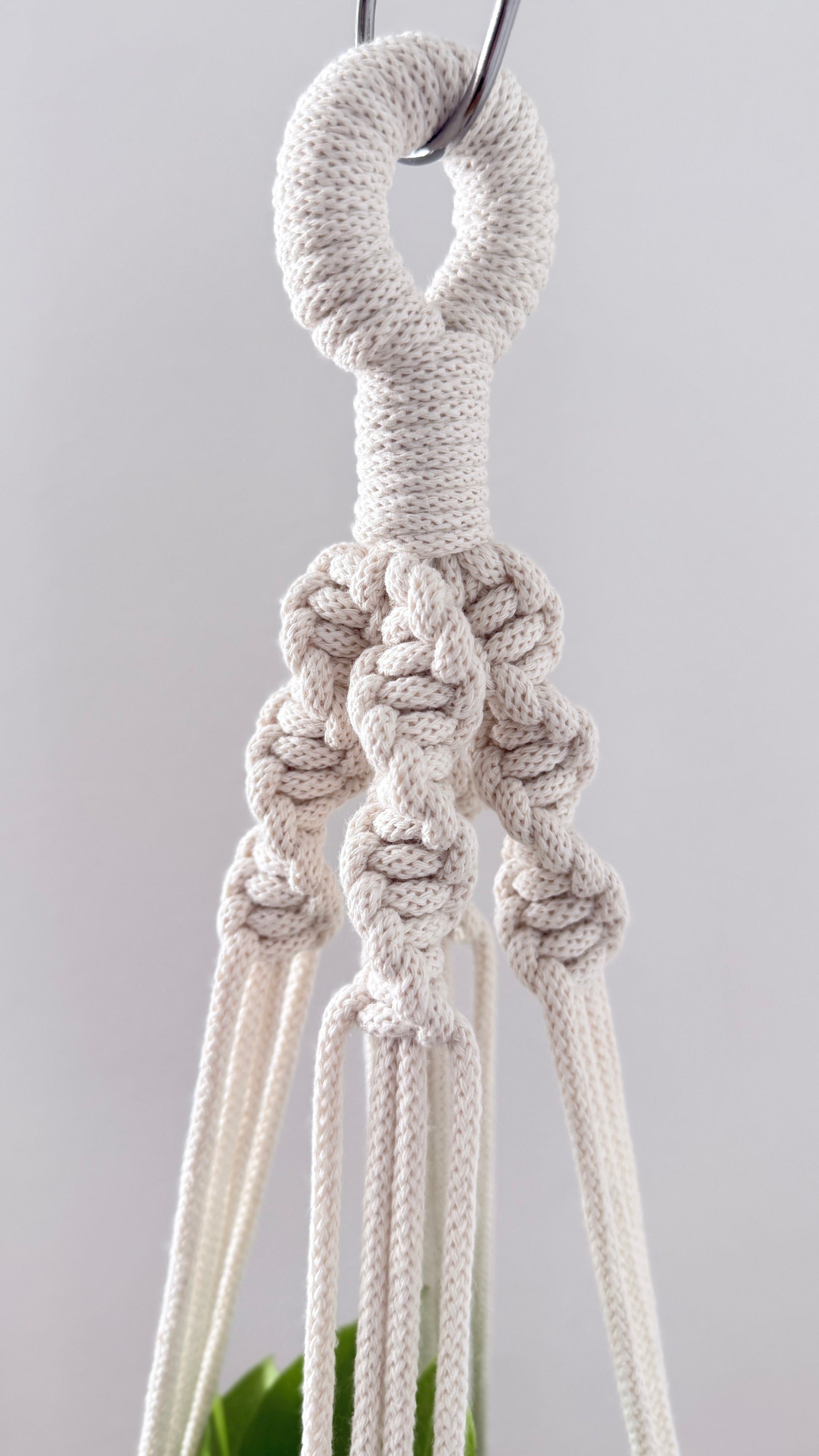 Macrame plant hanger with natural rope on a light gray background