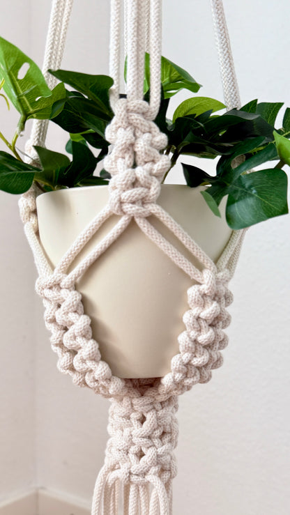 Macrame plant hanger with a pot of green plant against a light background