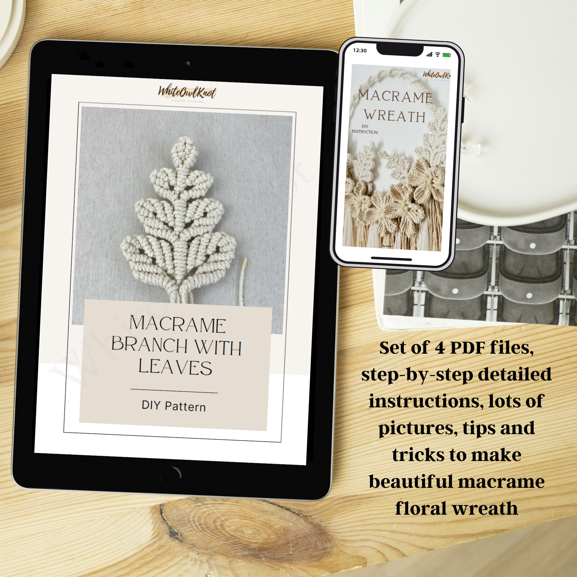 Tablet and phone displaying a macrame pattern on a wooden surface