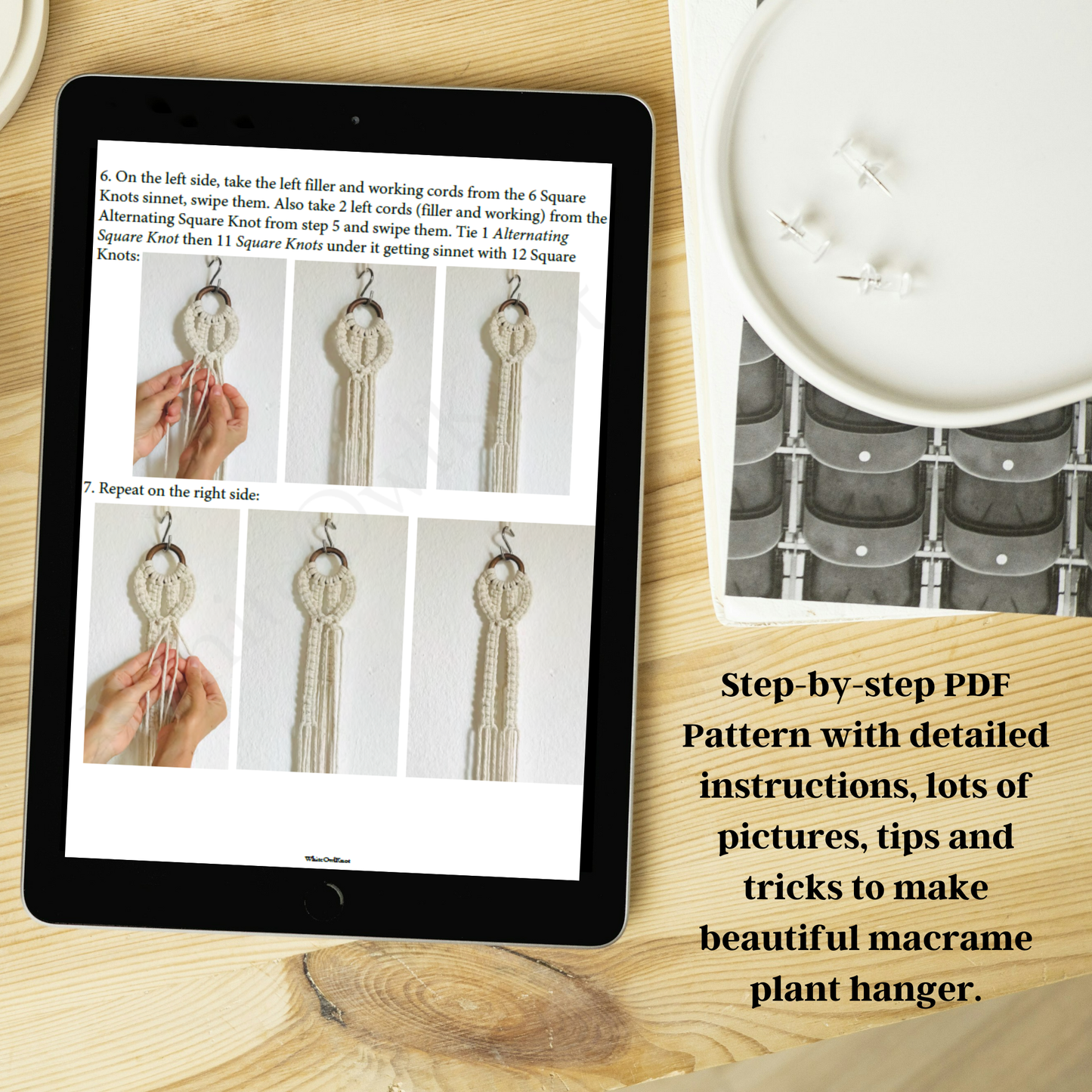 Tablet displaying a macrame plant hanger tutorial on a wooden surface with a candle.