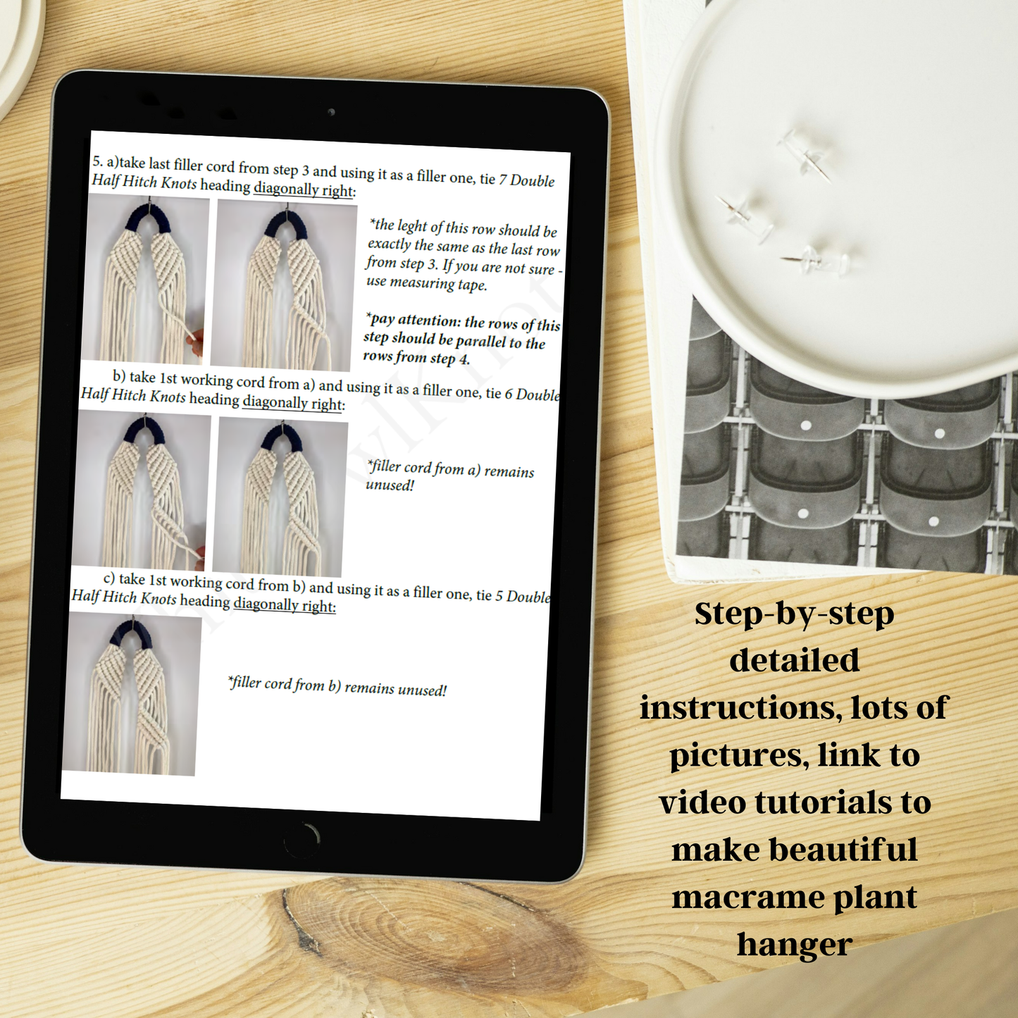 Tablet displaying instructions for making a macrame plant hanger on a wooden surface with a candle.