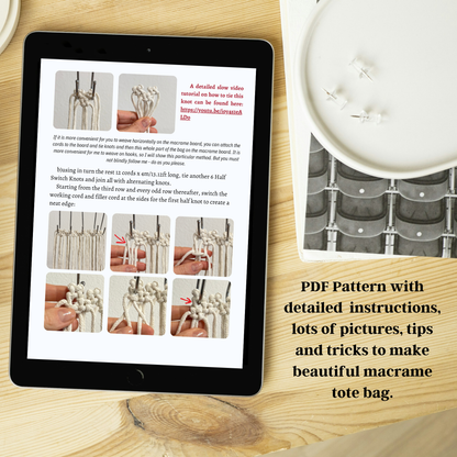 Tablet displaying a PDF pattern for macrame tote bag on a wooden surface with a candle.