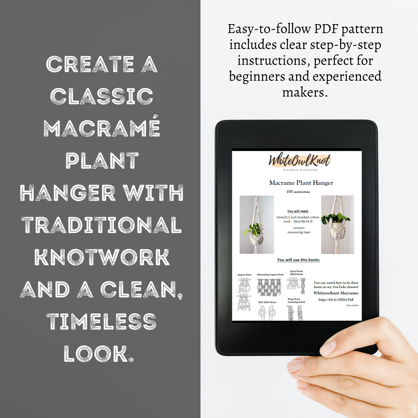 Digital display of a macramé plant hanger pattern with text on a gray and white background