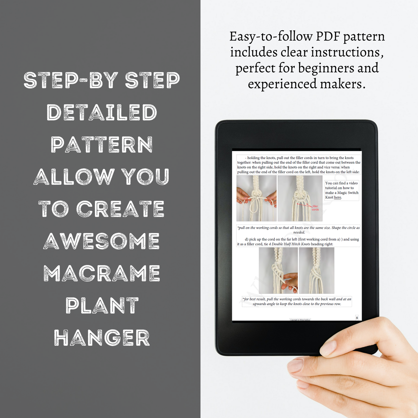 Hand holding a tablet displaying a macrame plant hanger pattern with text about the PDF pattern.