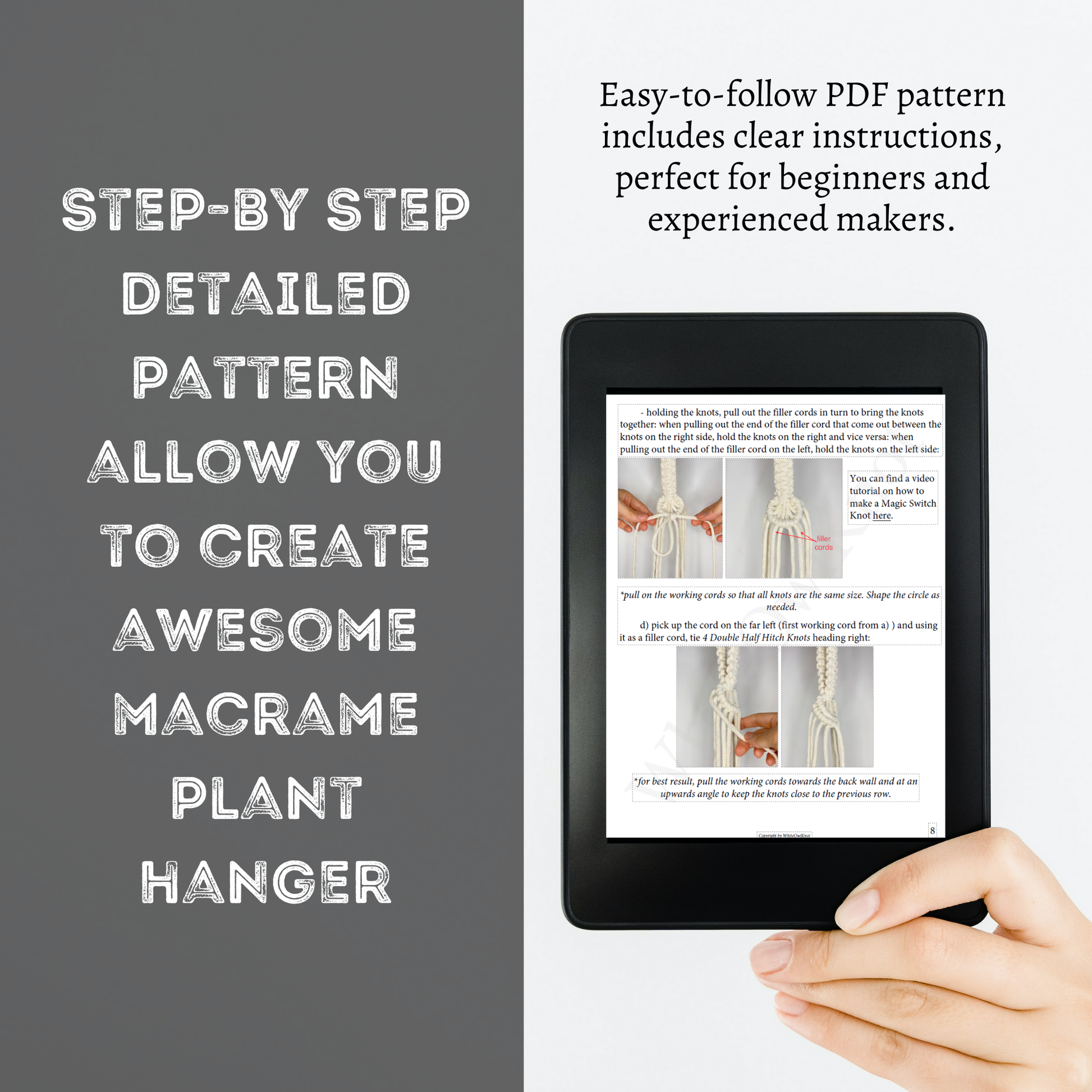 Hand holding a tablet displaying a macrame plant hanger pattern with text about the PDF pattern.